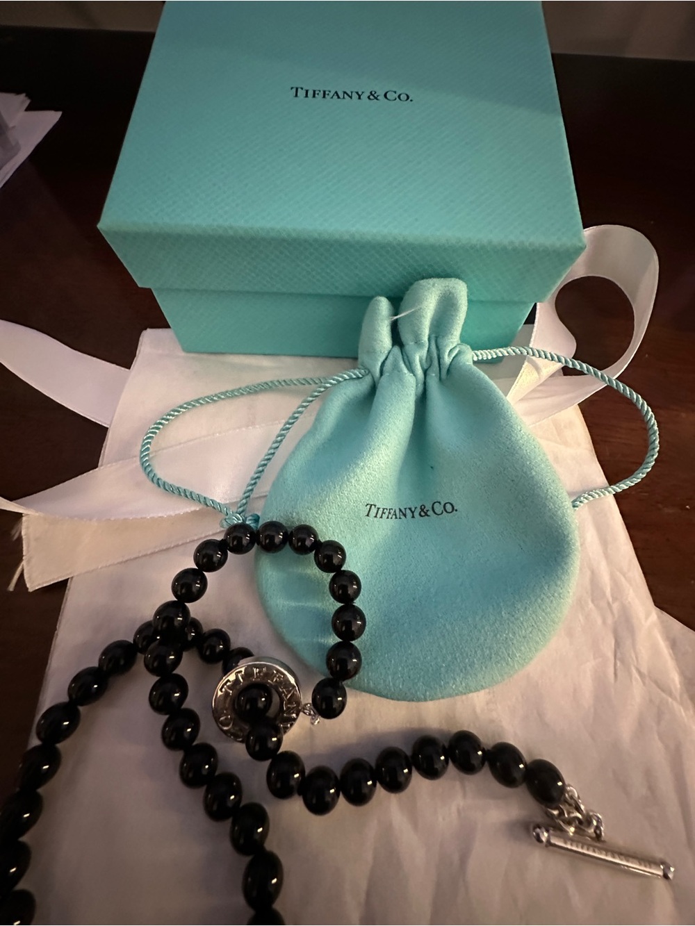 Tiffany & Co. Black Onyx Bead Necklace with Sterling Silver Toggle